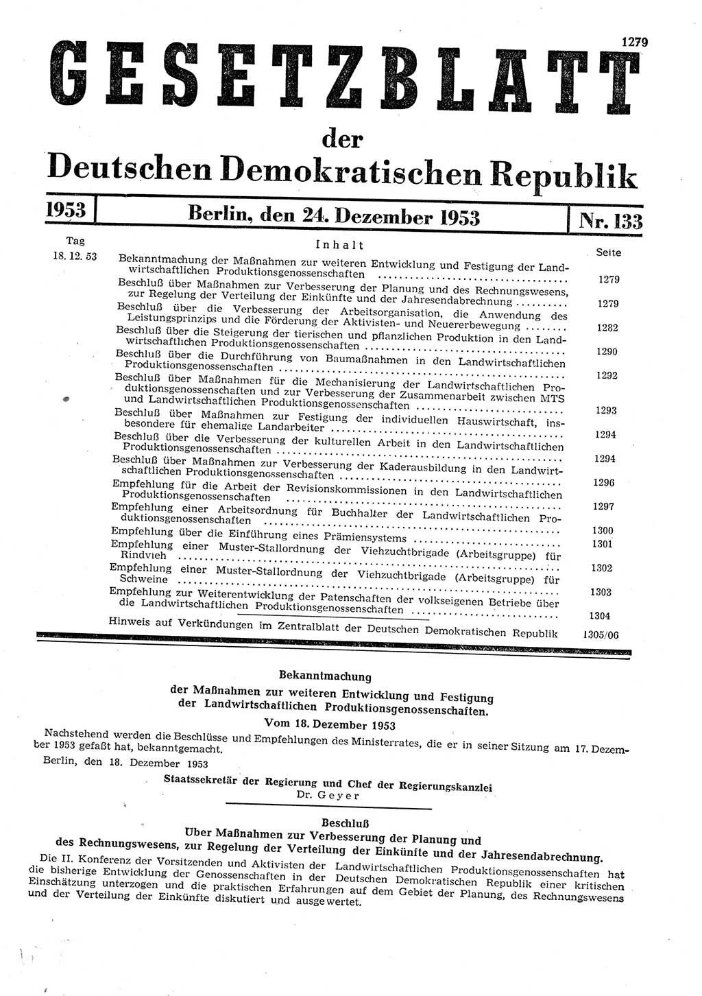 Gesetzblatt (GBl.) der Deutschen Demokratischen Republik (DDR) 1953, Seite 1279 (GBl. DDR 1953, S. 1279)