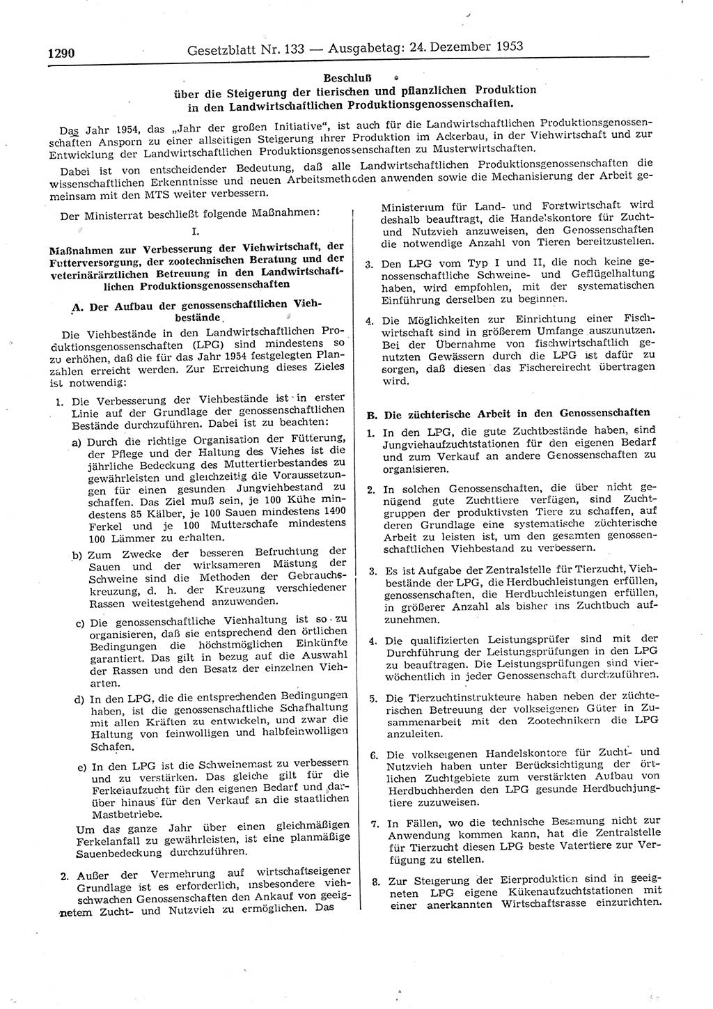 Gesetzblatt (GBl.) der Deutschen Demokratischen Republik (DDR) 1953, Seite 1290 (GBl. DDR 1953, S. 1290)