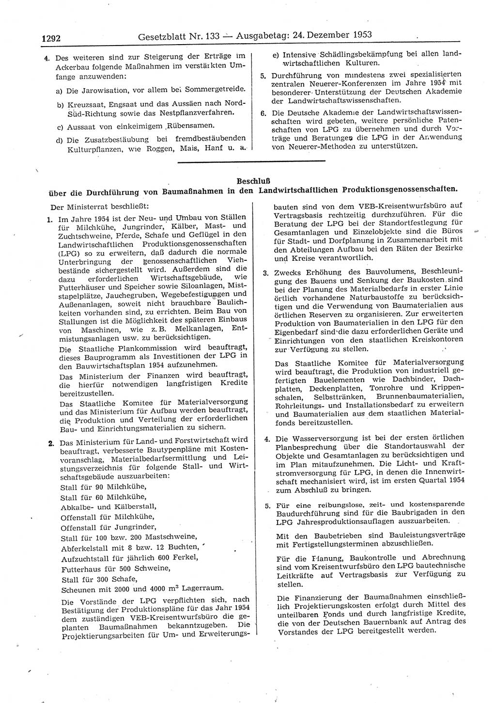 Gesetzblatt (GBl.) der Deutschen Demokratischen Republik (DDR) 1953, Seite 1292 (GBl. DDR 1953, S. 1292)
