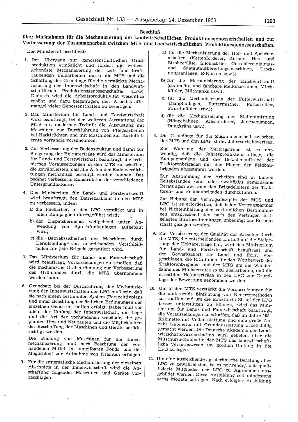 Gesetzblatt (GBl.) der Deutschen Demokratischen Republik (DDR) 1953, Seite 1293 (GBl. DDR 1953, S. 1293)