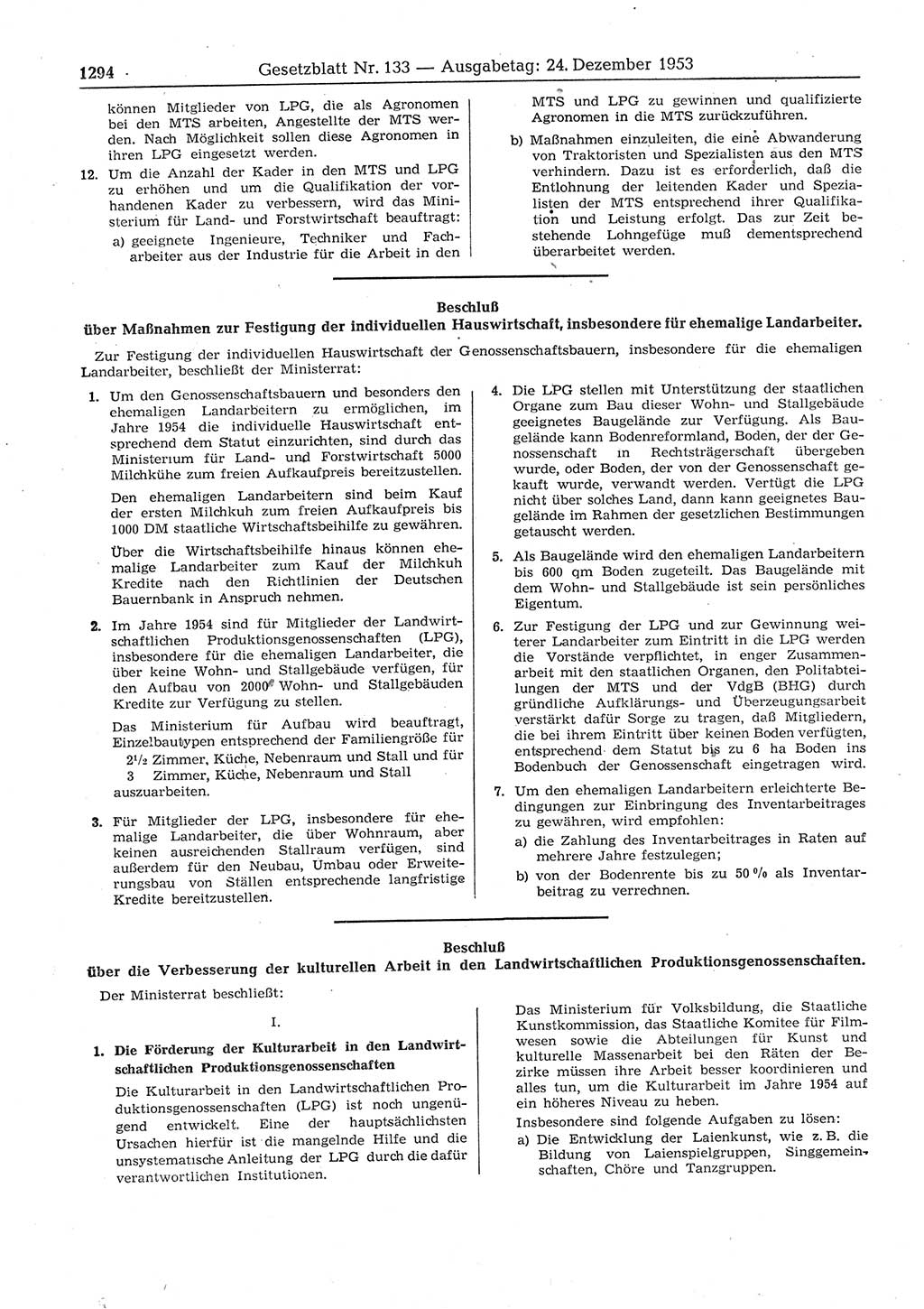 Gesetzblatt (GBl.) der Deutschen Demokratischen Republik (DDR) 1953, Seite 1294 (GBl. DDR 1953, S. 1294)