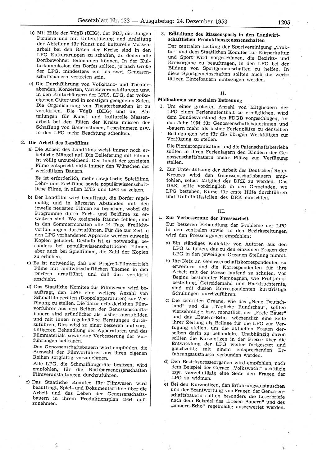 Gesetzblatt (GBl.) der Deutschen Demokratischen Republik (DDR) 1953, Seite 1295 (GBl. DDR 1953, S. 1295)