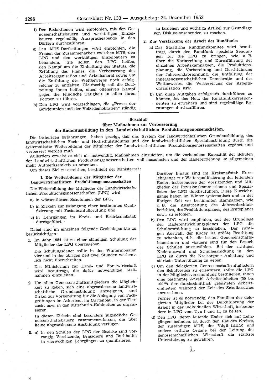Gesetzblatt (GBl.) der Deutschen Demokratischen Republik (DDR) 1953, Seite 1296 (GBl. DDR 1953, S. 1296)