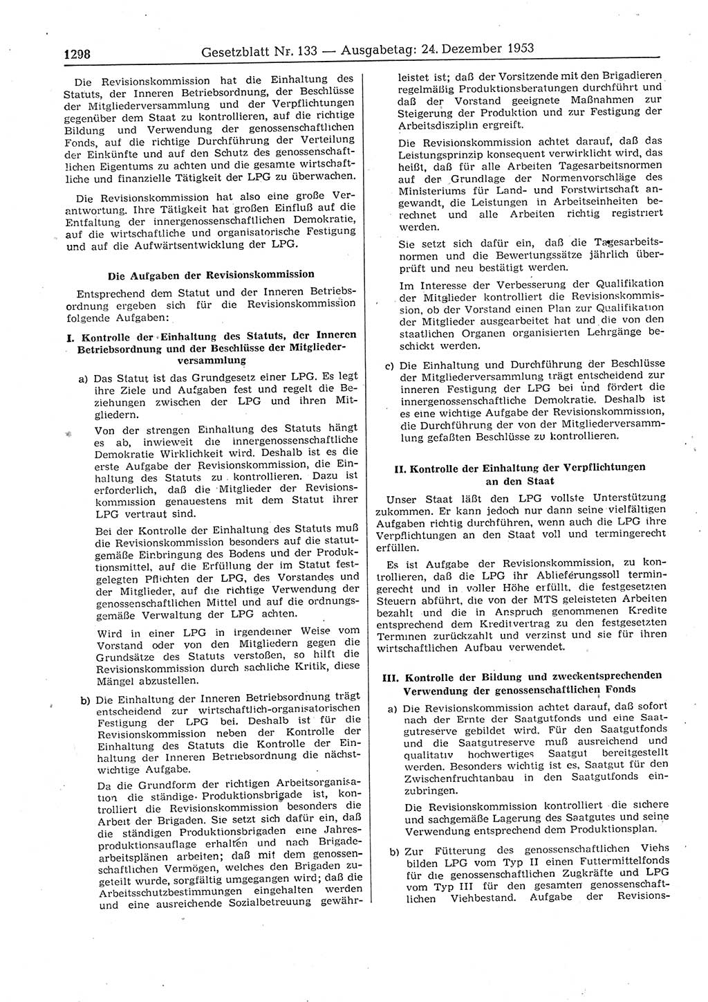 Gesetzblatt (GBl.) der Deutschen Demokratischen Republik (DDR) 1953, Seite 1298 (GBl. DDR 1953, S. 1298)