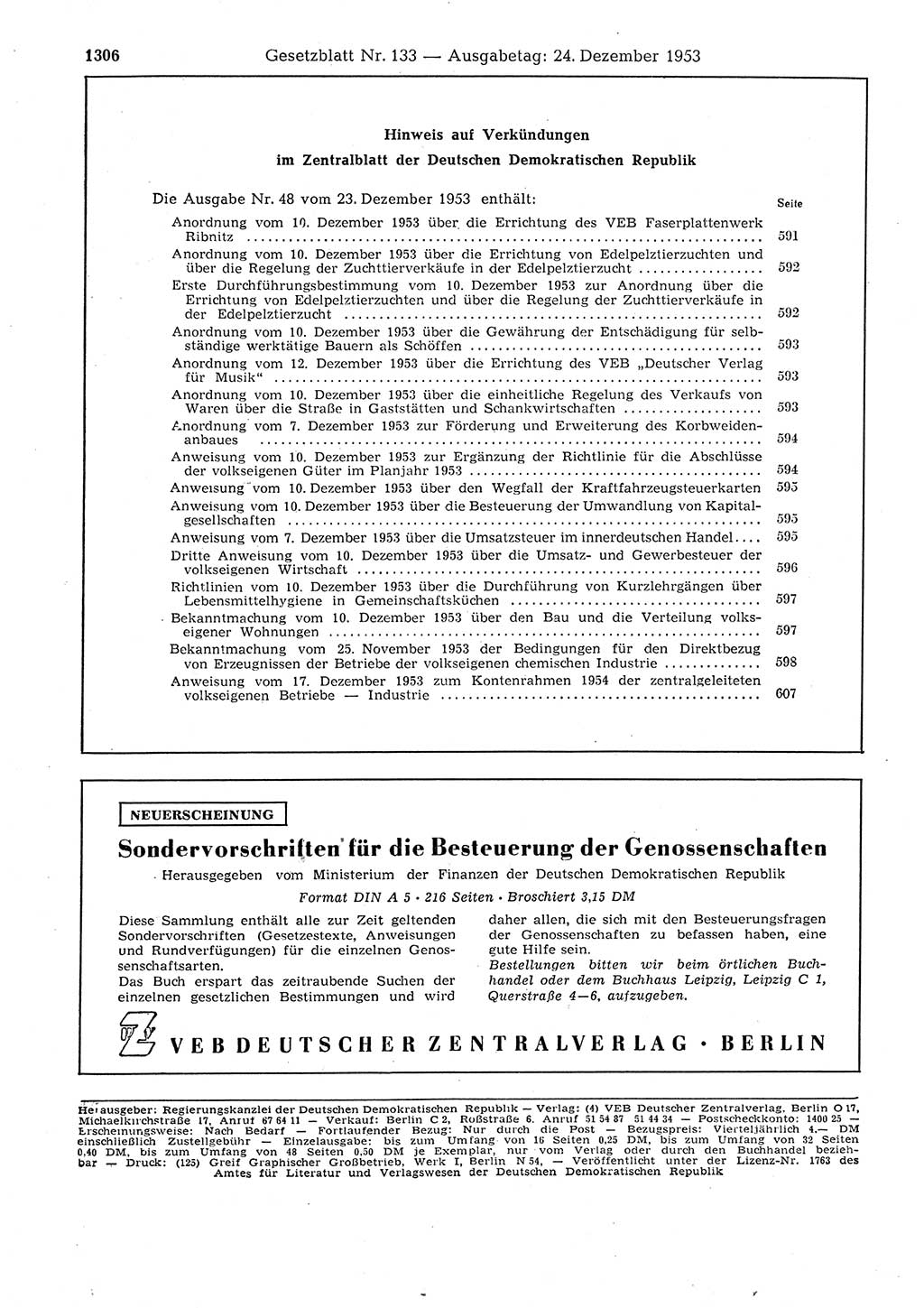 Gesetzblatt (GBl.) der Deutschen Demokratischen Republik (DDR) 1953, Seite 1306 (GBl. DDR 1953, S. 1306)