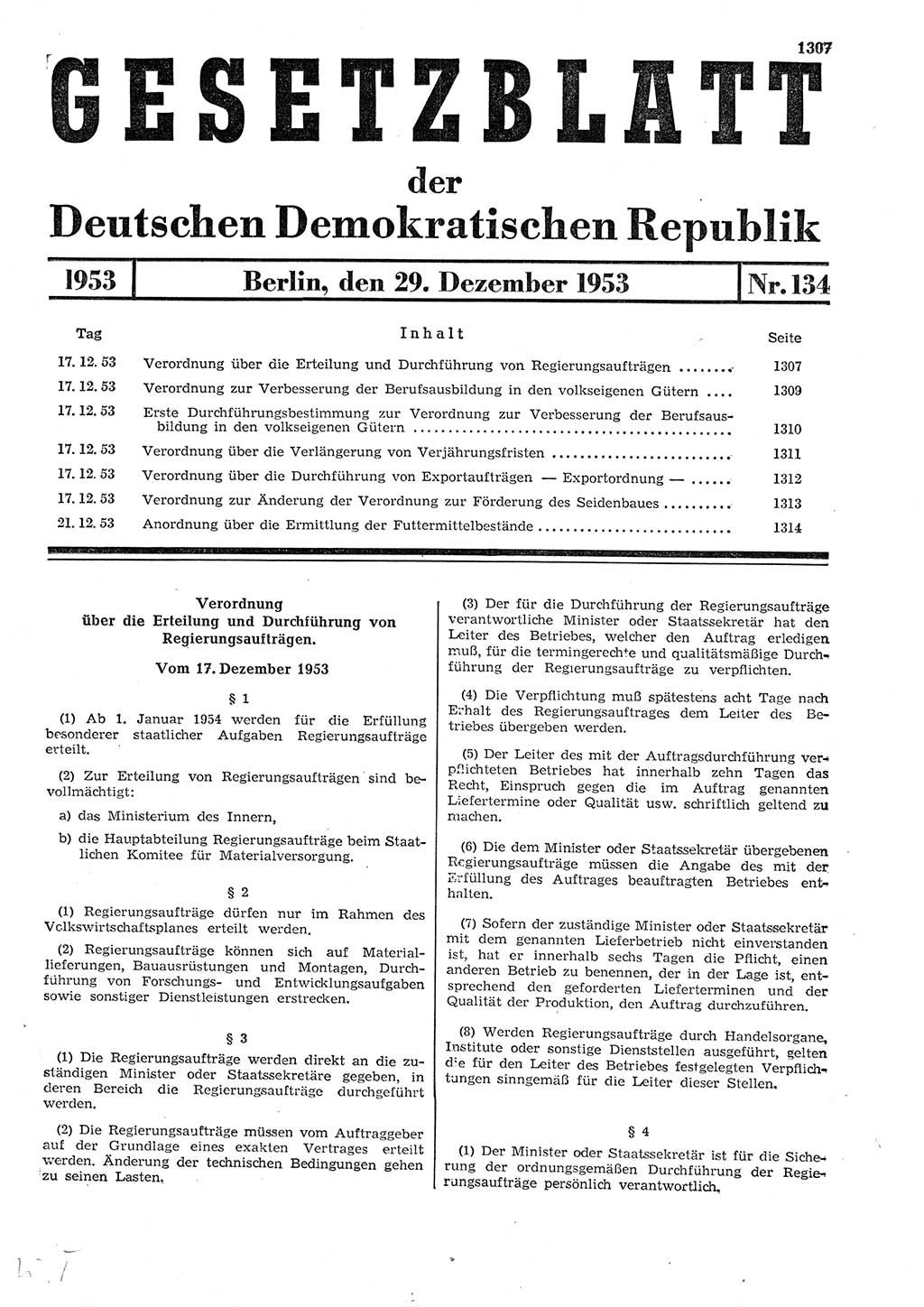 Gesetzblatt (GBl.) der Deutschen Demokratischen Republik (DDR) 1953, Seite 1307 (GBl. DDR 1953, S. 1307)