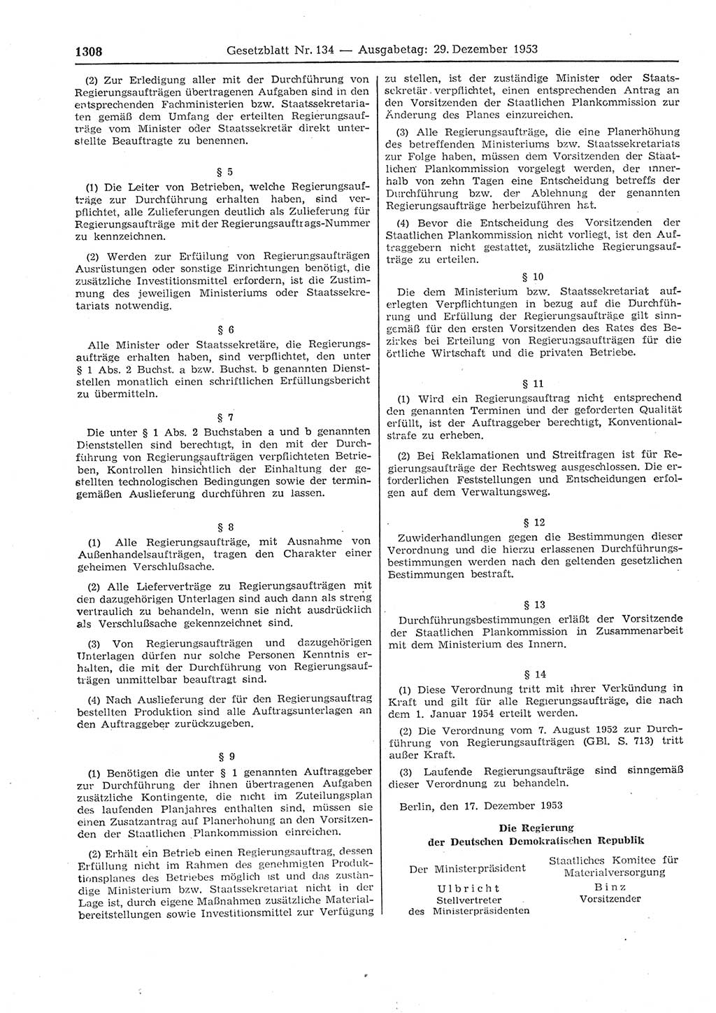 Gesetzblatt (GBl.) der Deutschen Demokratischen Republik (DDR) 1953, Seite 1308 (GBl. DDR 1953, S. 1308)