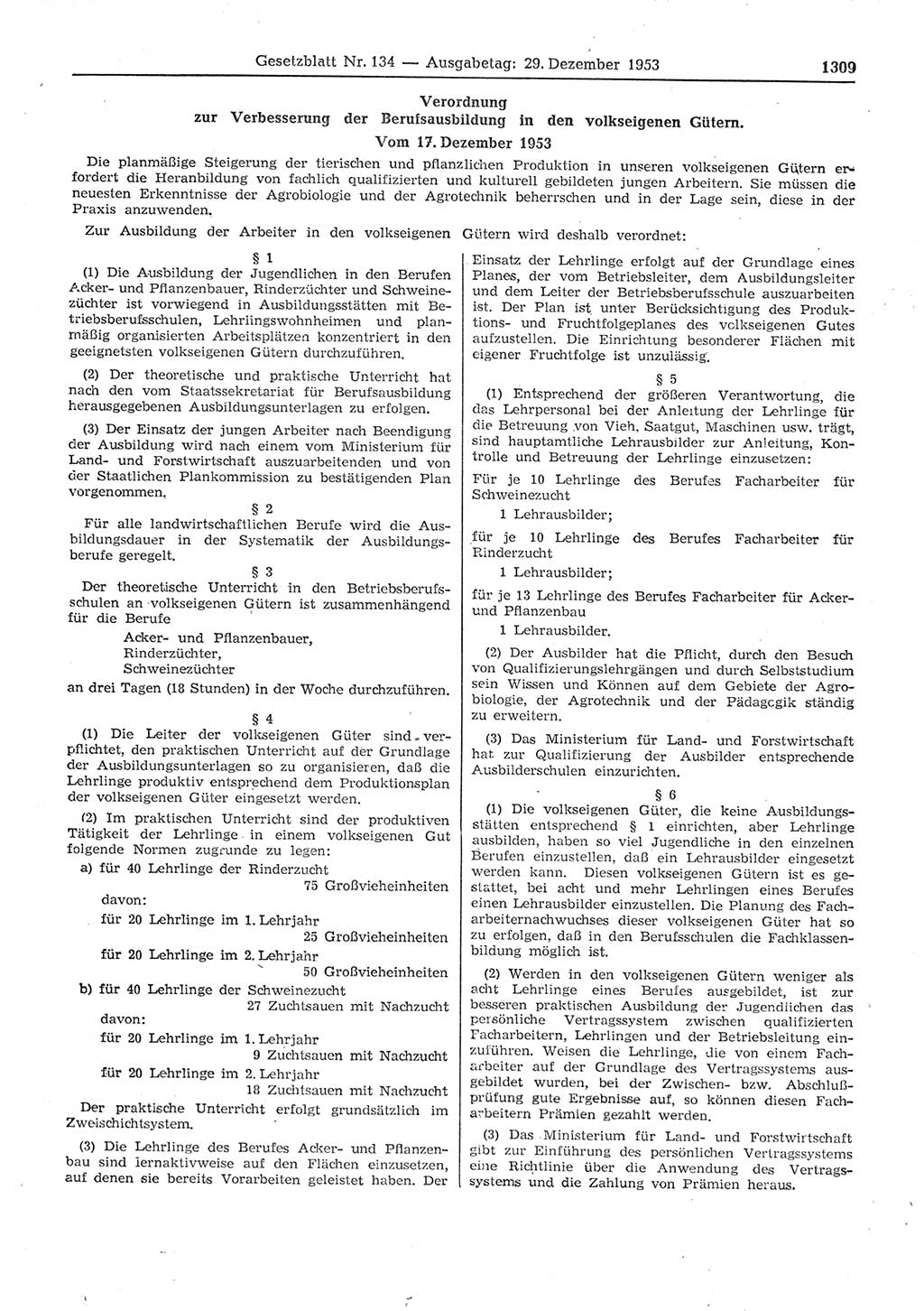 Gesetzblatt (GBl.) der Deutschen Demokratischen Republik (DDR) 1953, Seite 1309 (GBl. DDR 1953, S. 1309)