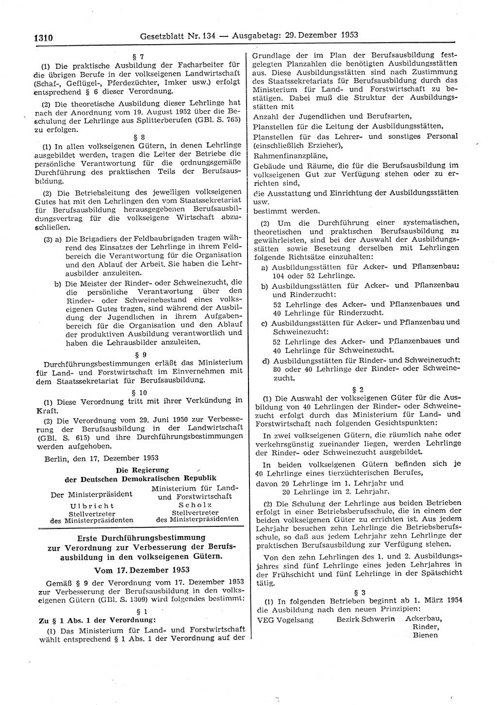 Gesetzblatt (GBl.) der Deutschen Demokratischen Republik (DDR) 1953, Seite 1310 (GBl. DDR 1953, S. 1310)