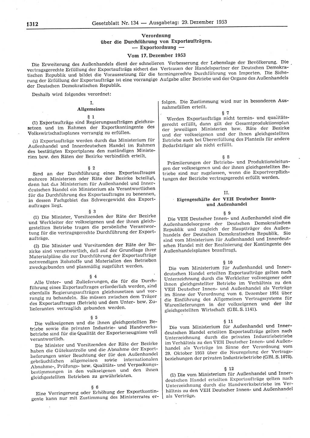 Gesetzblatt (GBl.) der Deutschen Demokratischen Republik (DDR) 1953, Seite 1312 (GBl. DDR 1953, S. 1312)