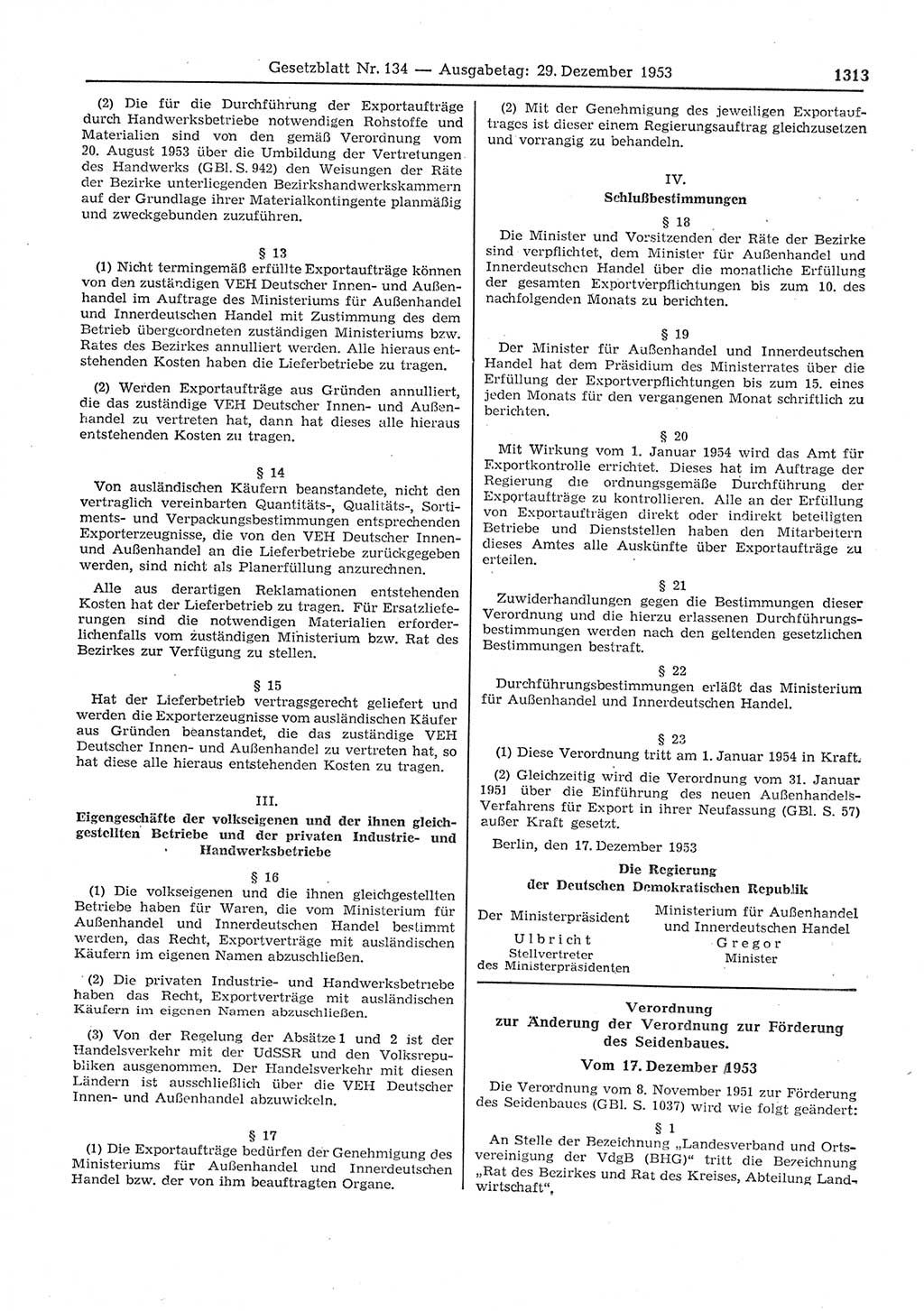 Gesetzblatt (GBl.) der Deutschen Demokratischen Republik (DDR) 1953, Seite 1313 (GBl. DDR 1953, S. 1313)