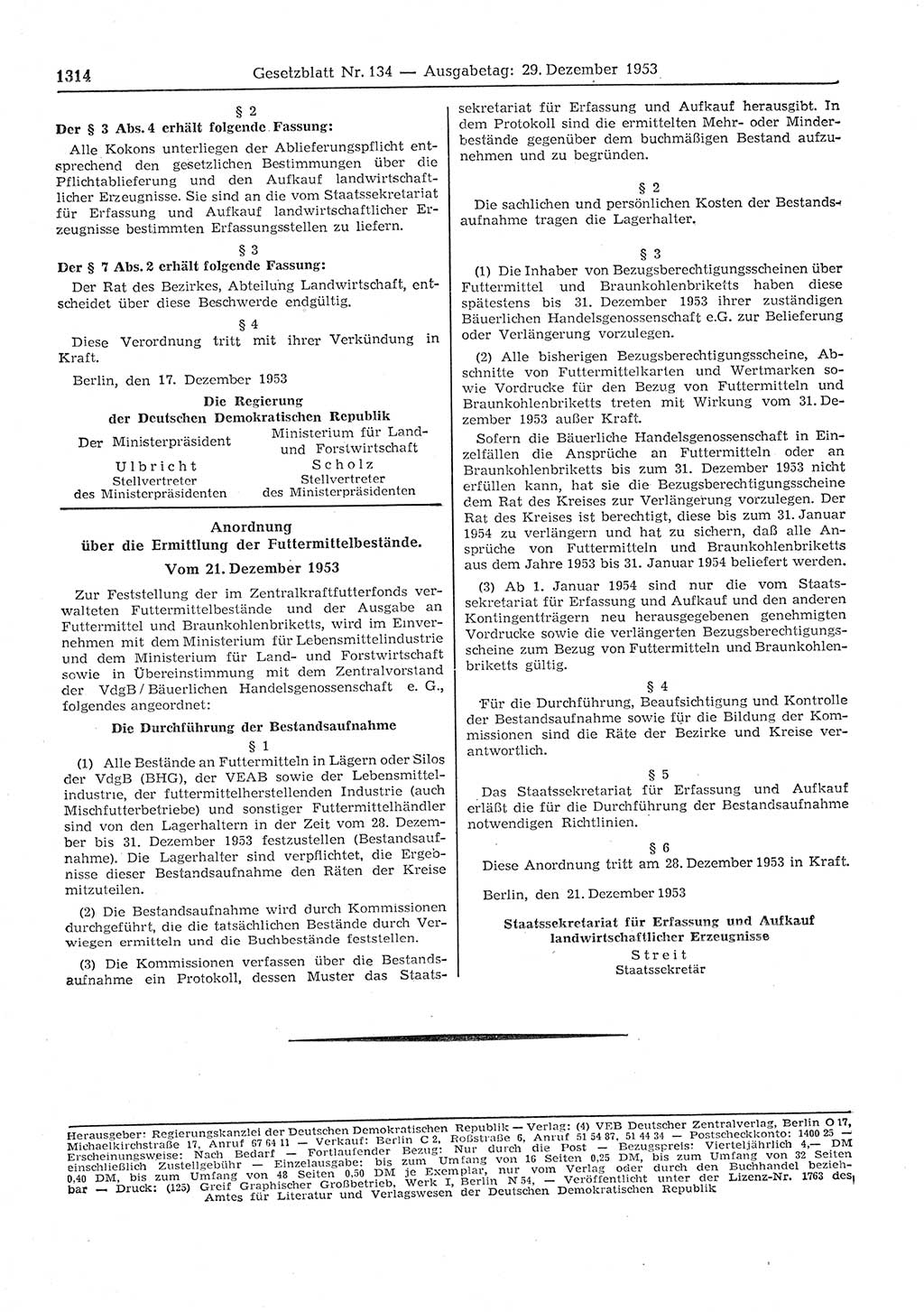 Gesetzblatt (GBl.) der Deutschen Demokratischen Republik (DDR) 1953, Seite 1314 (GBl. DDR 1953, S. 1314)