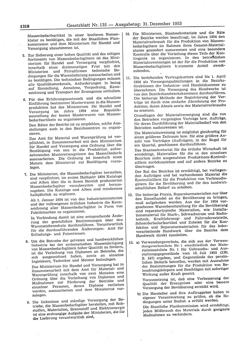 Gesetzblatt (GBl.) der Deutschen Demokratischen Republik (DDR) 1953, Seite 1318 (GBl. DDR 1953, S. 1318)