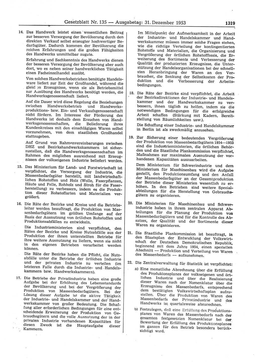 Gesetzblatt (GBl.) der Deutschen Demokratischen Republik (DDR) 1953, Seite 1319 (GBl. DDR 1953, S. 1319)