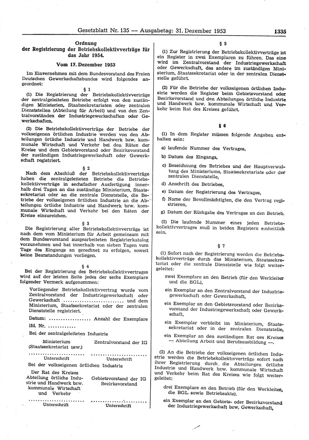 Gesetzblatt (GBl.) der Deutschen Demokratischen Republik (DDR) 1953, Seite 1335 (GBl. DDR 1953, S. 1335)