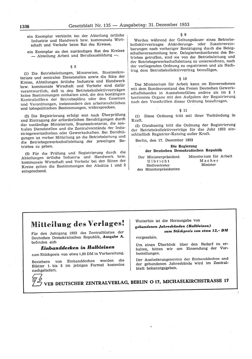 Gesetzblatt (GBl.) der Deutschen Demokratischen Republik (DDR) 1953, Seite 1336 (GBl. DDR 1953, S. 1336)