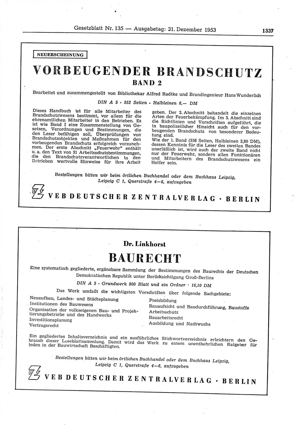 Gesetzblatt (GBl.) der Deutschen Demokratischen Republik (DDR) 1953, Seite 1337 (GBl. DDR 1953, S. 1337)