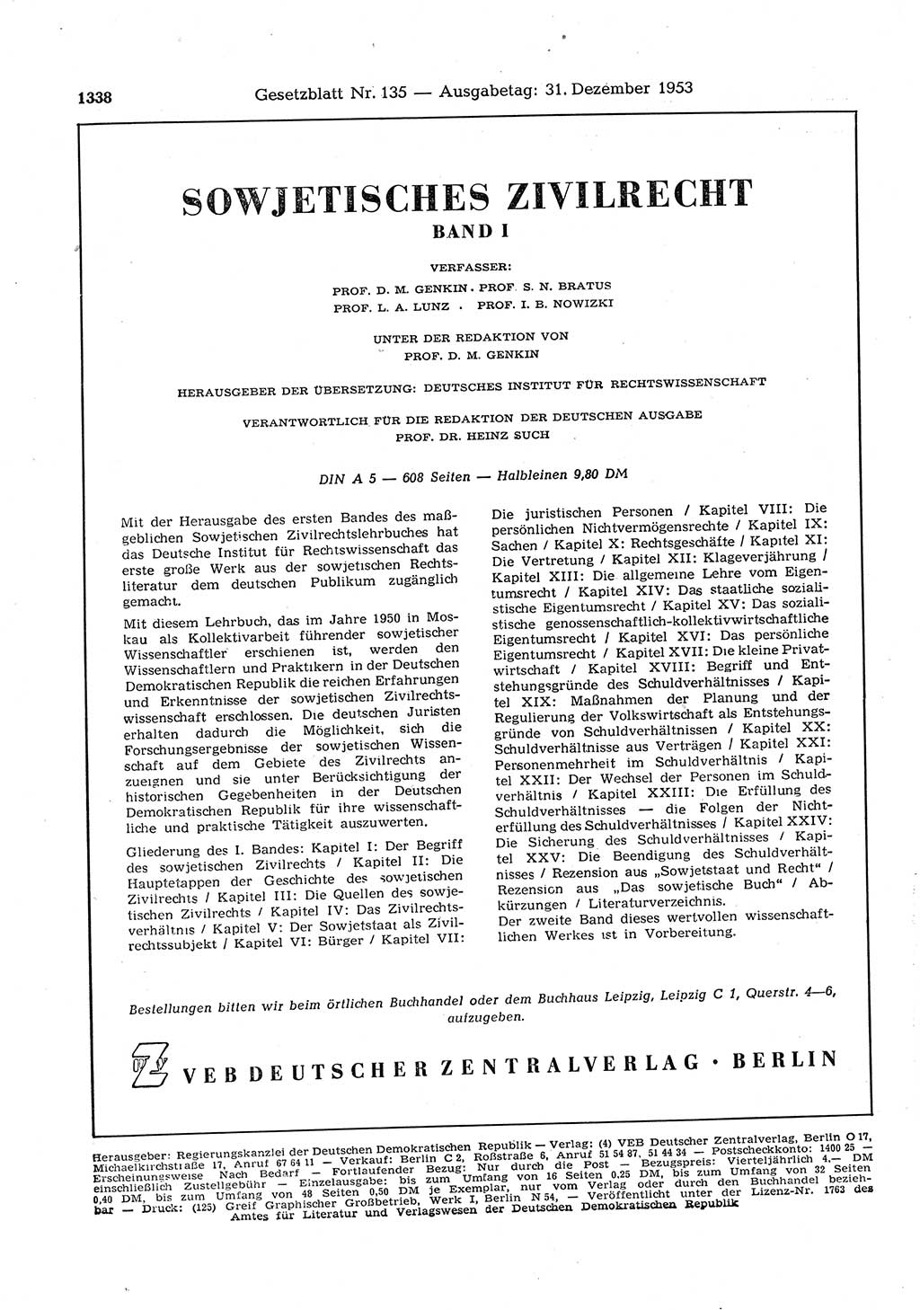 Gesetzblatt (GBl.) der Deutschen Demokratischen Republik (DDR) 1953, Seite 1338 (GBl. DDR 1953, S. 1338)