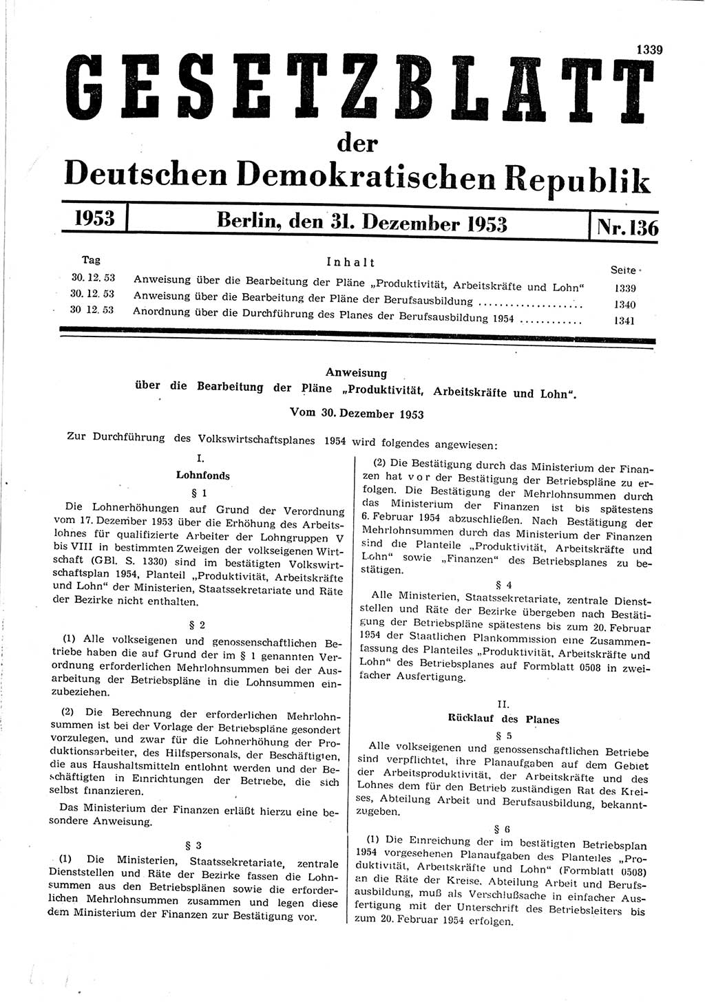 Gesetzblatt (GBl.) der Deutschen Demokratischen Republik (DDR) 1953, Seite 1339 (GBl. DDR 1953, S. 1339)