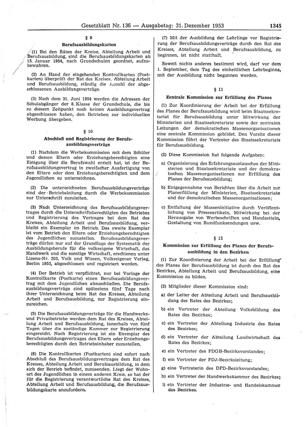 Gesetzblatt (GBl.) der Deutschen Demokratischen Republik (DDR) 1953, Seite 1345 (GBl. DDR 1953, S. 1345)