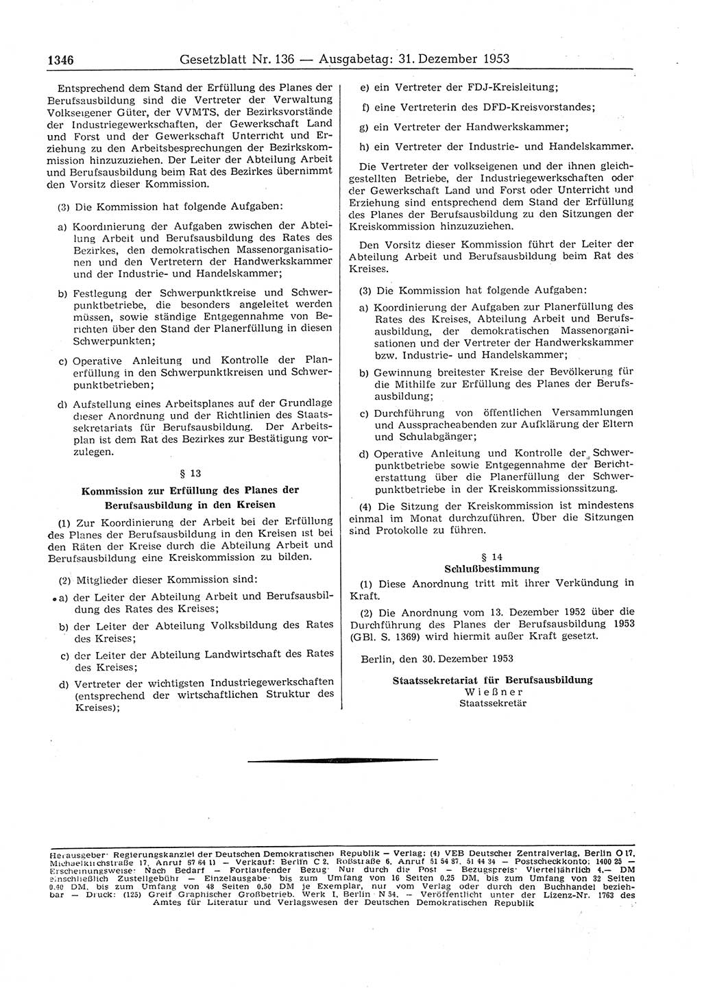 Gesetzblatt (GBl.) der Deutschen Demokratischen Republik (DDR) 1953, Seite 1346 (GBl. DDR 1953, S. 1346)