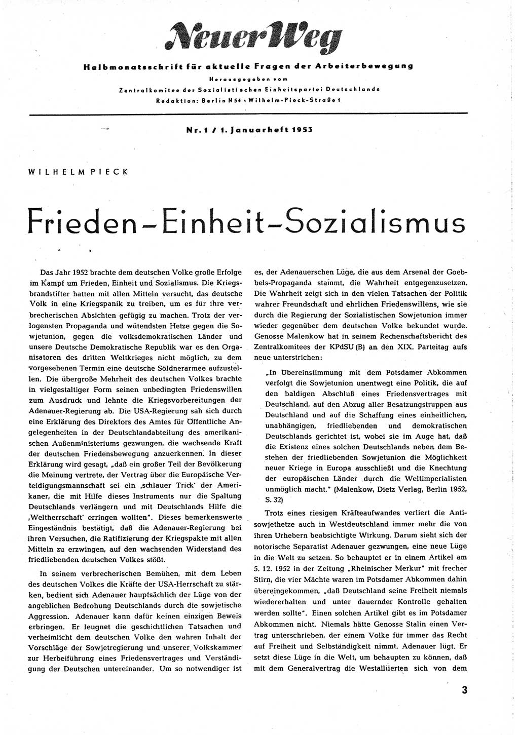 Neuer Weg (NW), Organ des Zentralkomitees (ZK) [Sozialistische Einheitspartei Deutschlands (SED)] für alle Parteiarbeiter, 8. Jahrgang [Deutsche Demokratische Republik (DDR)] 1953, Heft 1/3 (NW ZK SED DDR 1953, H. 1/3)