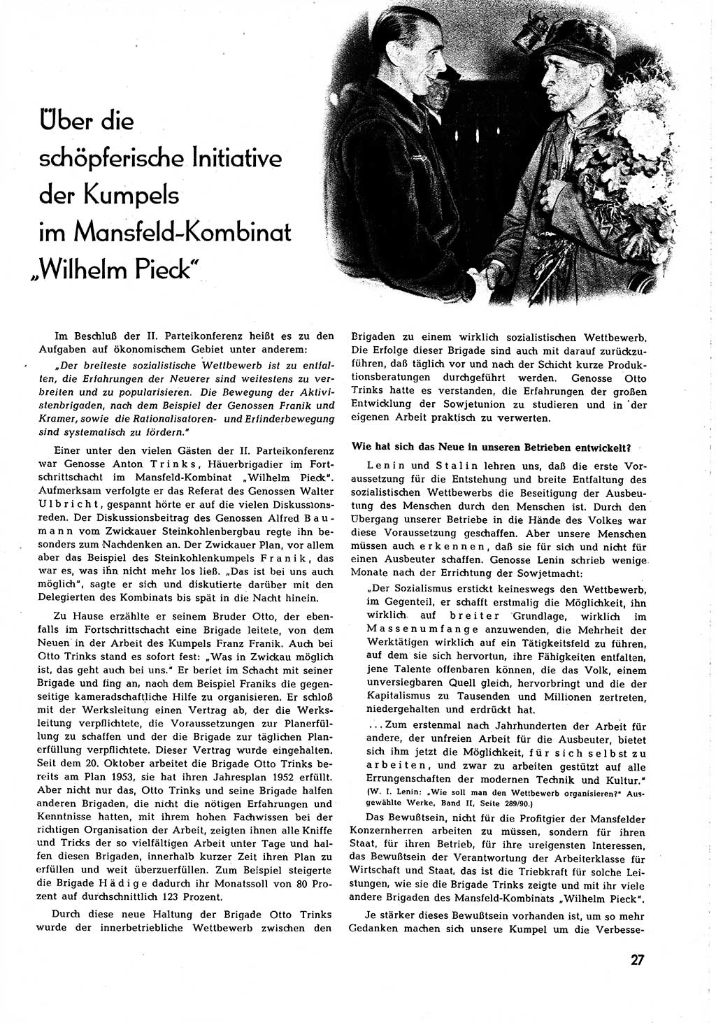 Neuer Weg (NW), Organ des Zentralkomitees (ZK) [Sozialistische Einheitspartei Deutschlands (SED)] für alle Parteiarbeiter, 8. Jahrgang [Deutsche Demokratische Republik (DDR)] 1953, Heft 1/27 (NW ZK SED DDR 1953, H. 1/27)