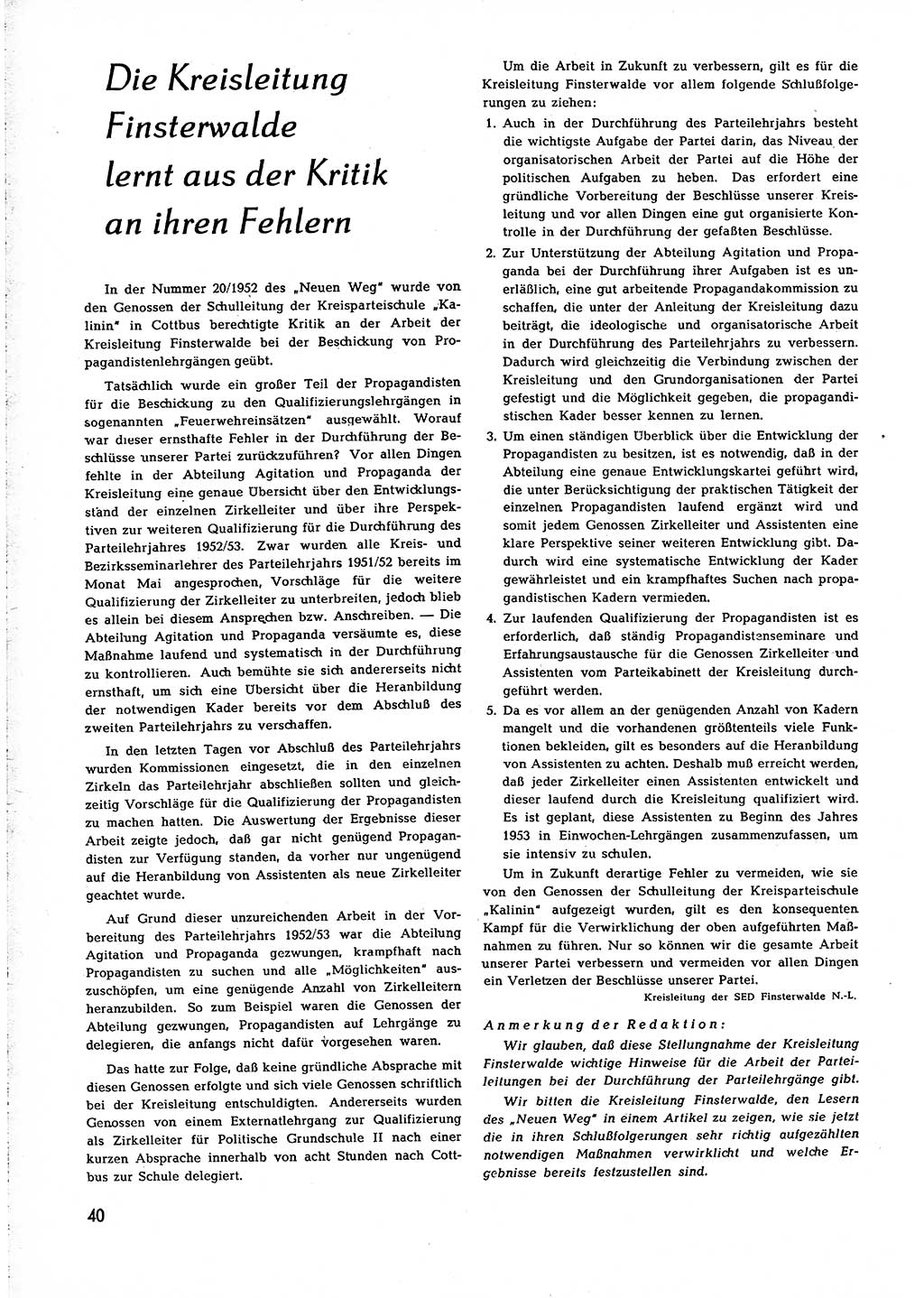 Neuer Weg (NW), Organ des Zentralkomitees (ZK) [Sozialistische Einheitspartei Deutschlands (SED)] für alle Parteiarbeiter, 8. Jahrgang [Deutsche Demokratische Republik (DDR)] 1953, Heft 1/40 (NW ZK SED DDR 1953, H. 1/40)