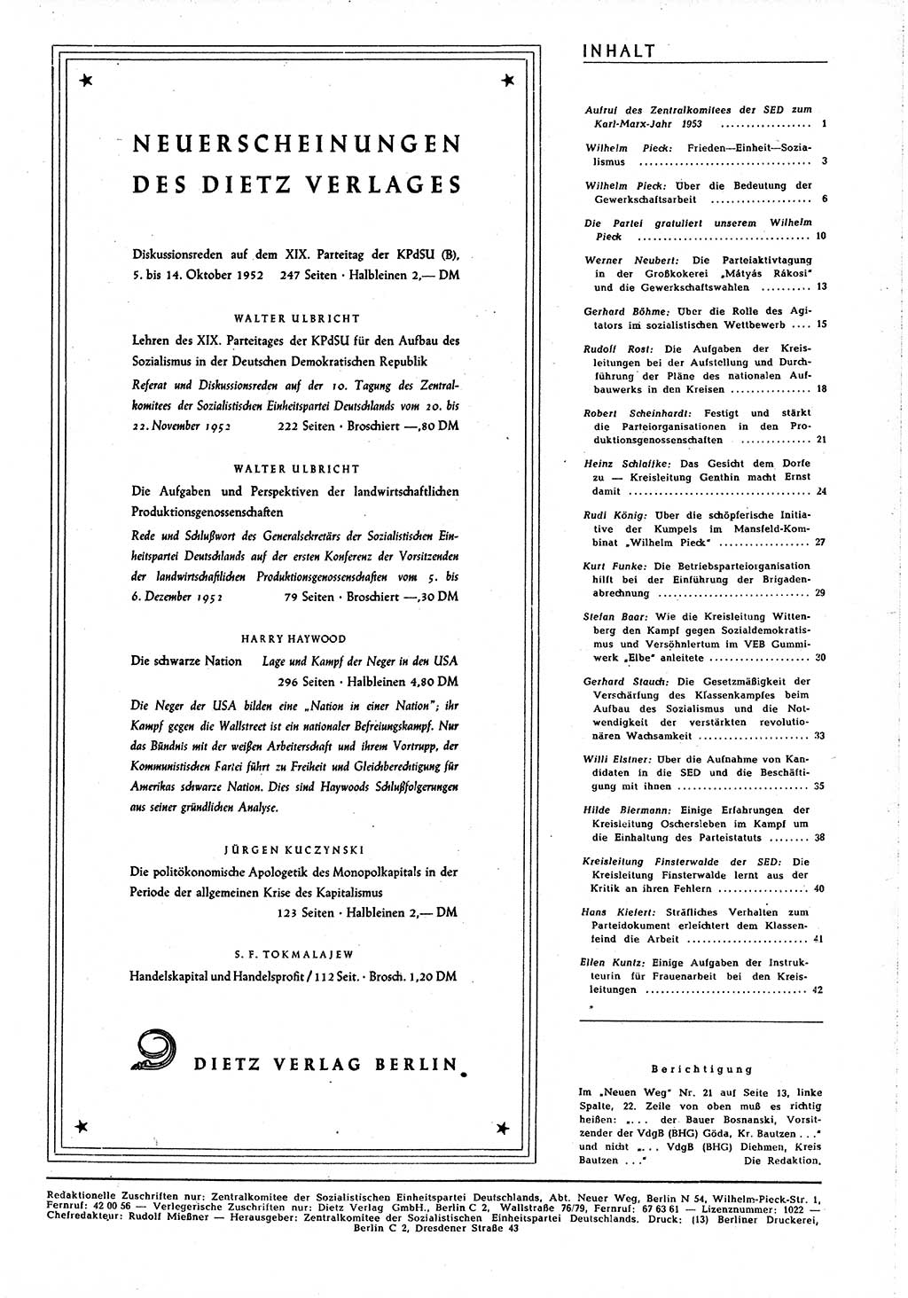 Neuer Weg (NW), Organ des Zentralkomitees (ZK) [Sozialistische Einheitspartei Deutschlands (SED)] für alle Parteiarbeiter, 8. Jahrgang [Deutsche Demokratische Republik (DDR)] 1953, Heft 1/45 (NW ZK SED DDR 1953, H. 1/45)