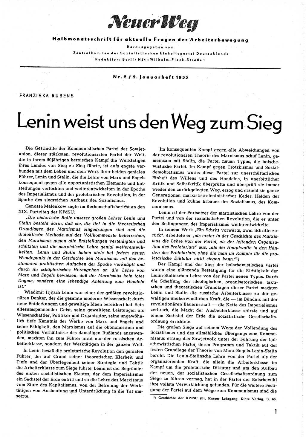 Neuer Weg (NW), Organ des Zentralkomitees (ZK) [Sozialistische Einheitspartei Deutschlands (SED)] für alle Parteiarbeiter, 8. Jahrgang [Deutsche Demokratische Republik (DDR)] 1953, Heft 2/1 (NW ZK SED DDR 1953, H. 2/1)