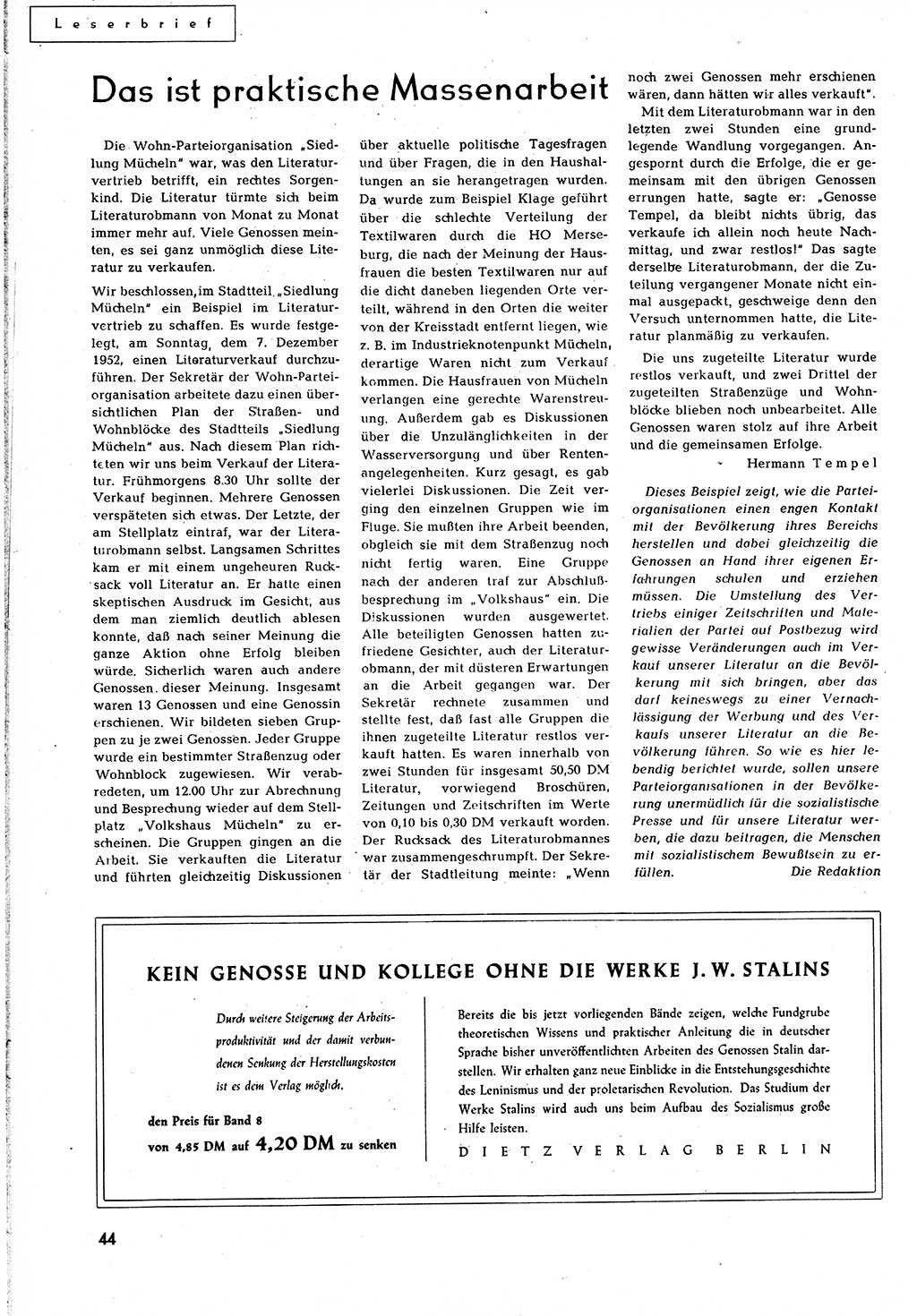 Neuer Weg (NW), Organ des Zentralkomitees (ZK) [Sozialistische Einheitspartei Deutschlands (SED)] für alle Parteiarbeiter, 8. Jahrgang [Deutsche Demokratische Republik (DDR)] 1953, Heft 2/44 (NW ZK SED DDR 1953, H. 2/44)