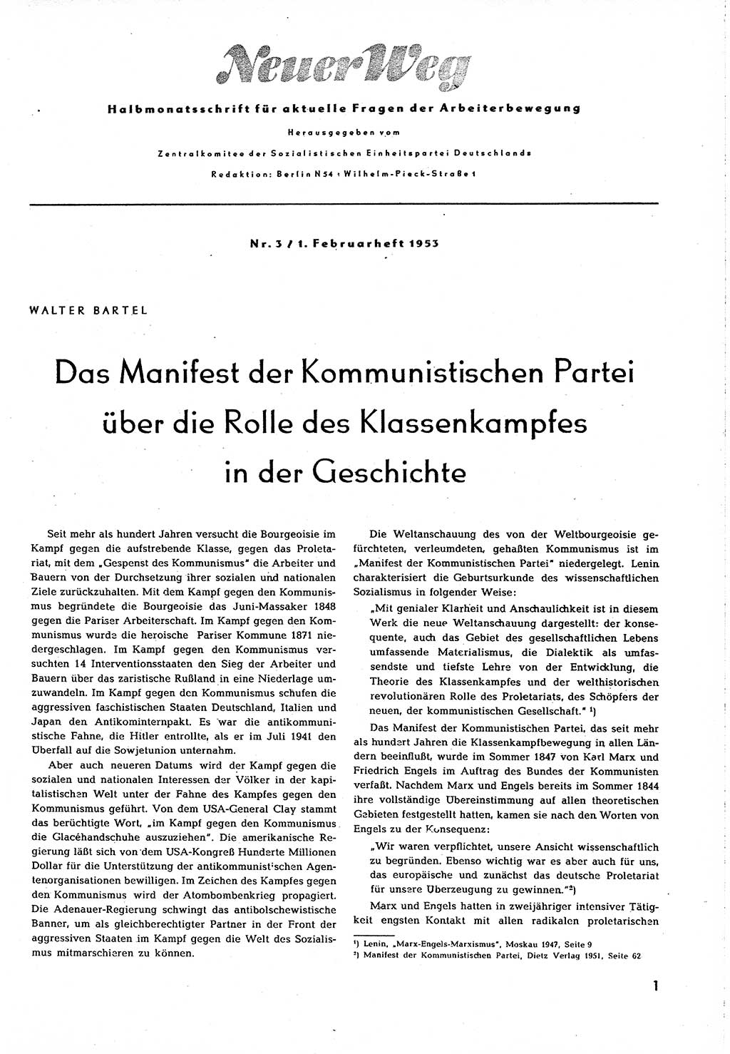 Neuer Weg (NW), Organ des Zentralkomitees (ZK) [Sozialistische Einheitspartei Deutschlands (SED)] für alle Parteiarbeiter, 8. Jahrgang [Deutsche Demokratische Republik (DDR)] 1953, Heft 3/1 (NW ZK SED DDR 1953, H. 3/1)