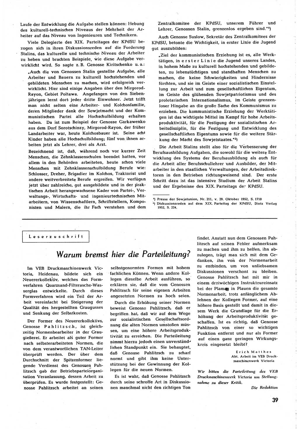 Neuer Weg (NW), Organ des Zentralkomitees (ZK) [Sozialistische Einheitspartei Deutschlands (SED)] für alle Parteiarbeiter, 8. Jahrgang [Deutsche Demokratische Republik (DDR)] 1953, Heft 4/39 (NW ZK SED DDR 1953, H. 4/39)