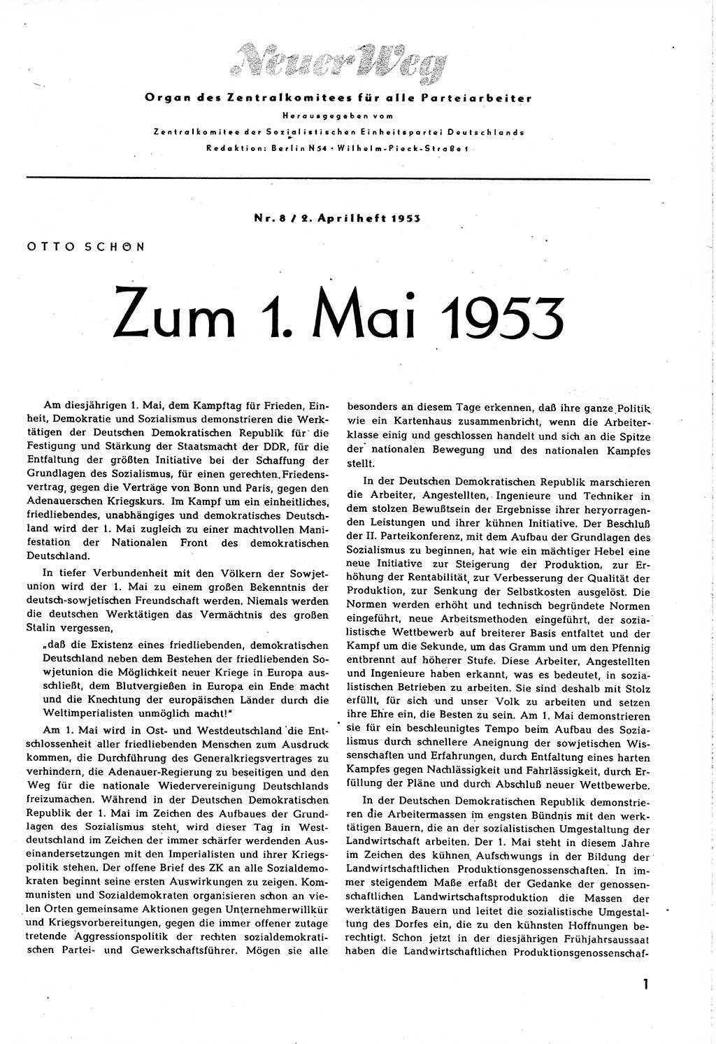 Neuer Weg (NW), Organ des Zentralkomitees (ZK) [Sozialistische Einheitspartei Deutschlands (SED)] für alle Parteiarbeiter, 8. Jahrgang [Deutsche Demokratische Republik (DDR)] 1953, Heft 8/1 (NW ZK SED DDR 1953, H. 8/1)