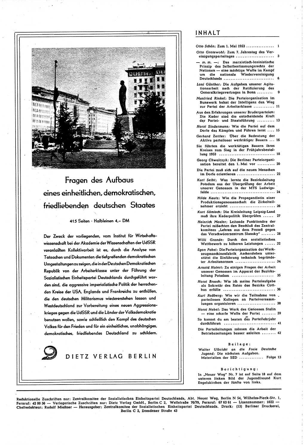 Neuer Weg (NW), Organ des Zentralkomitees (ZK) [Sozialistische Einheitspartei Deutschlands (SED)] für alle Parteiarbeiter, 8. Jahrgang [Deutsche Demokratische Republik (DDR)] 1953, Heft 8/45 (NW ZK SED DDR 1953, H. 8/45)