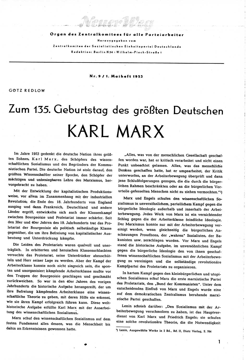 Neuer Weg (NW), Organ des Zentralkomitees (ZK) [Sozialistische Einheitspartei Deutschlands (SED)] für alle Parteiarbeiter, 8. Jahrgang [Deutsche Demokratische Republik (DDR)] 1953, Heft 9/1 (NW ZK SED DDR 1953, H. 9/1)