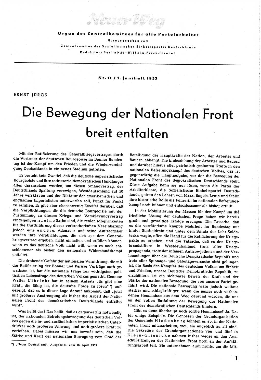 Neuer Weg (NW), Organ des Zentralkomitees (ZK) [Sozialistische Einheitspartei Deutschlands (SED)] für alle Parteiarbeiter, 8. Jahrgang [Deutsche Demokratische Republik (DDR)] 1953, Heft 11/1 (NW ZK SED DDR 1953, H. 11/1)