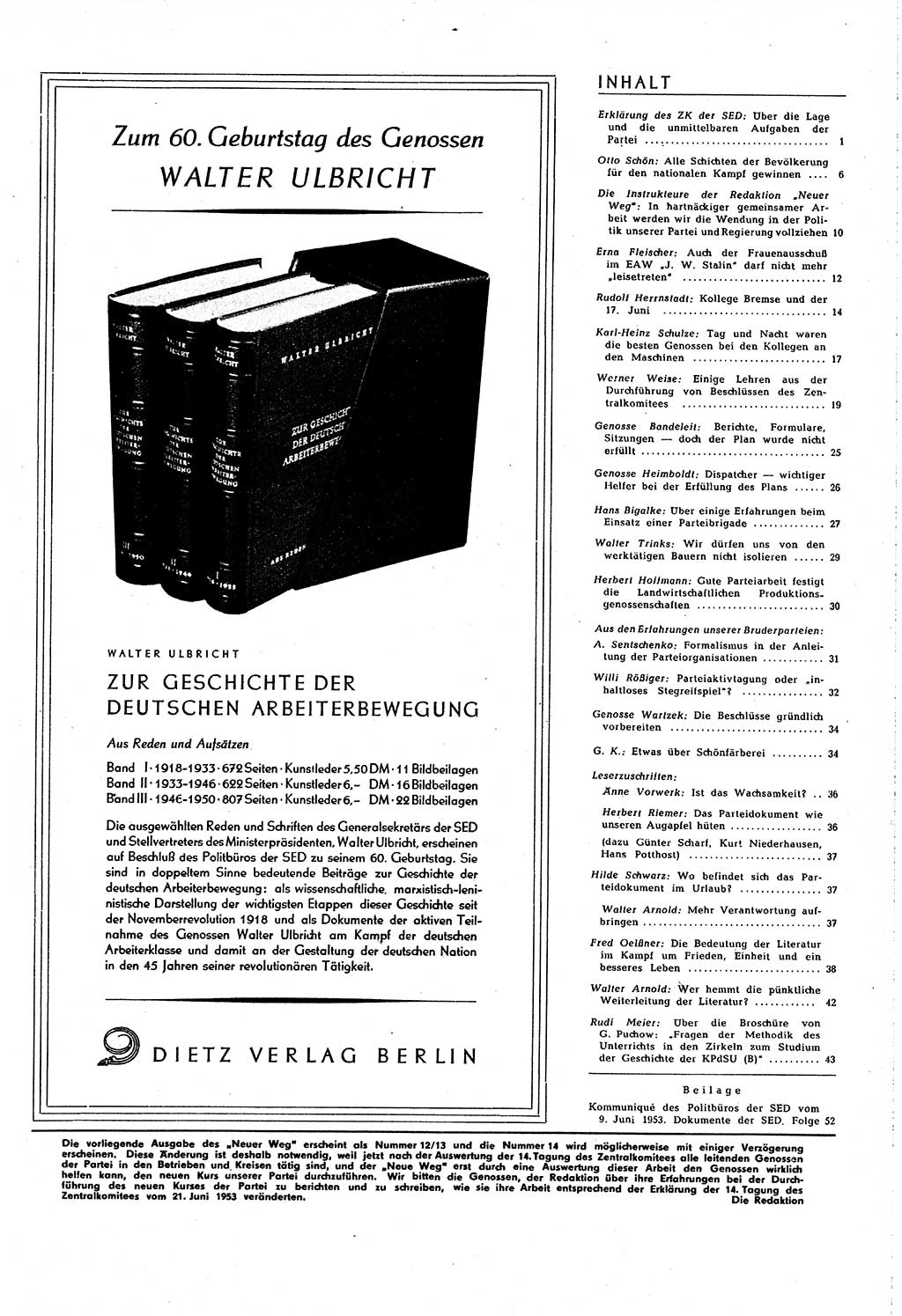 Neuer Weg (NW), Organ des Zentralkomitees (ZK) [Sozialistische Einheitspartei Deutschlands (SED)] für alle Parteiarbeiter, 8. Jahrgang [Deutsche Demokratische Republik (DDR)] 1953, Heft 12/45 (NW ZK SED DDR 1953, H. 12/45)