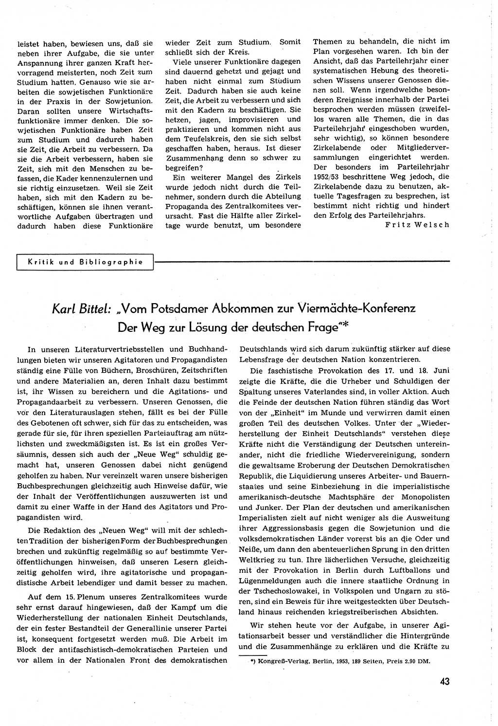 Neuer Weg (NW), Organ des Zentralkomitees (ZK) [Sozialistische Einheitspartei Deutschlands (SED)] für alle Parteiarbeiter, 8. Jahrgang [Deutsche Demokratische Republik (DDR)] 1953, Heft 14/43 (NW ZK SED DDR 1953, H. 14/43)