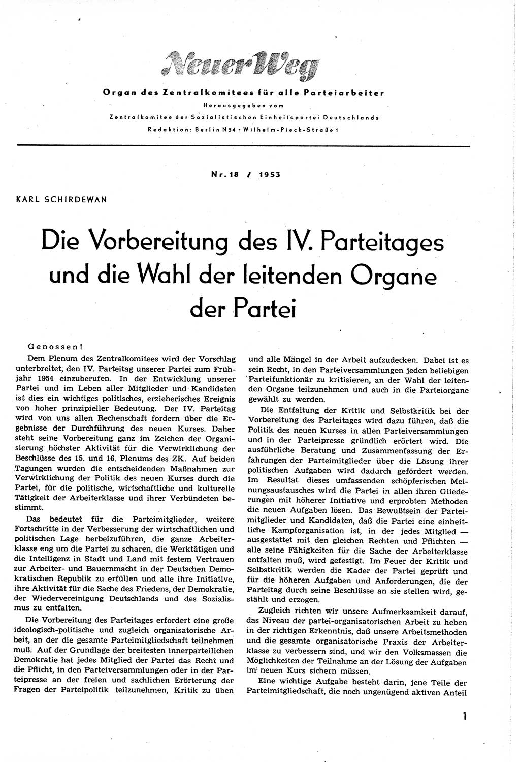 Neuer Weg (NW), Organ des Zentralkomitees (ZK) [Sozialistische Einheitspartei Deutschlands (SED)] für alle Parteiarbeiter, 8. Jahrgang [Deutsche Demokratische Republik (DDR)] 1953, Heft 18/1 (NW ZK SED DDR 1953, H. 18/1)