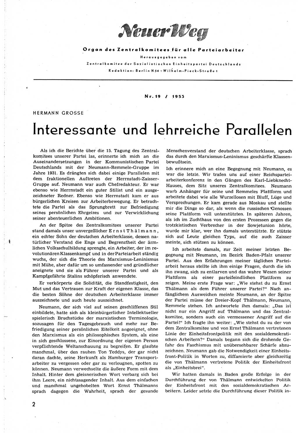 Neuer Weg (NW), Organ des Zentralkomitees (ZK) [Sozialistische Einheitspartei Deutschlands (SED)] für alle Parteiarbeiter, 8. Jahrgang [Deutsche Demokratische Republik (DDR)] 1953, Heft 19/2 (NW ZK SED DDR 1953, H. 19/2)