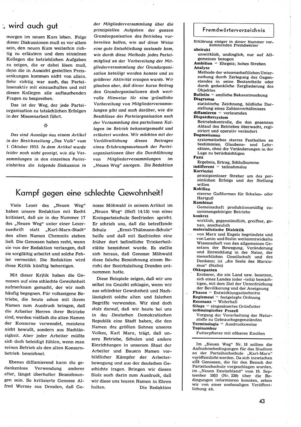 Neuer Weg (NW), Organ des Zentralkomitees (ZK) [Sozialistische Einheitspartei Deutschlands (SED)] für alle Parteiarbeiter, 8. Jahrgang [Deutsche Demokratische Republik (DDR)] 1953, Heft 19/43 (NW ZK SED DDR 1953, H. 19/43)