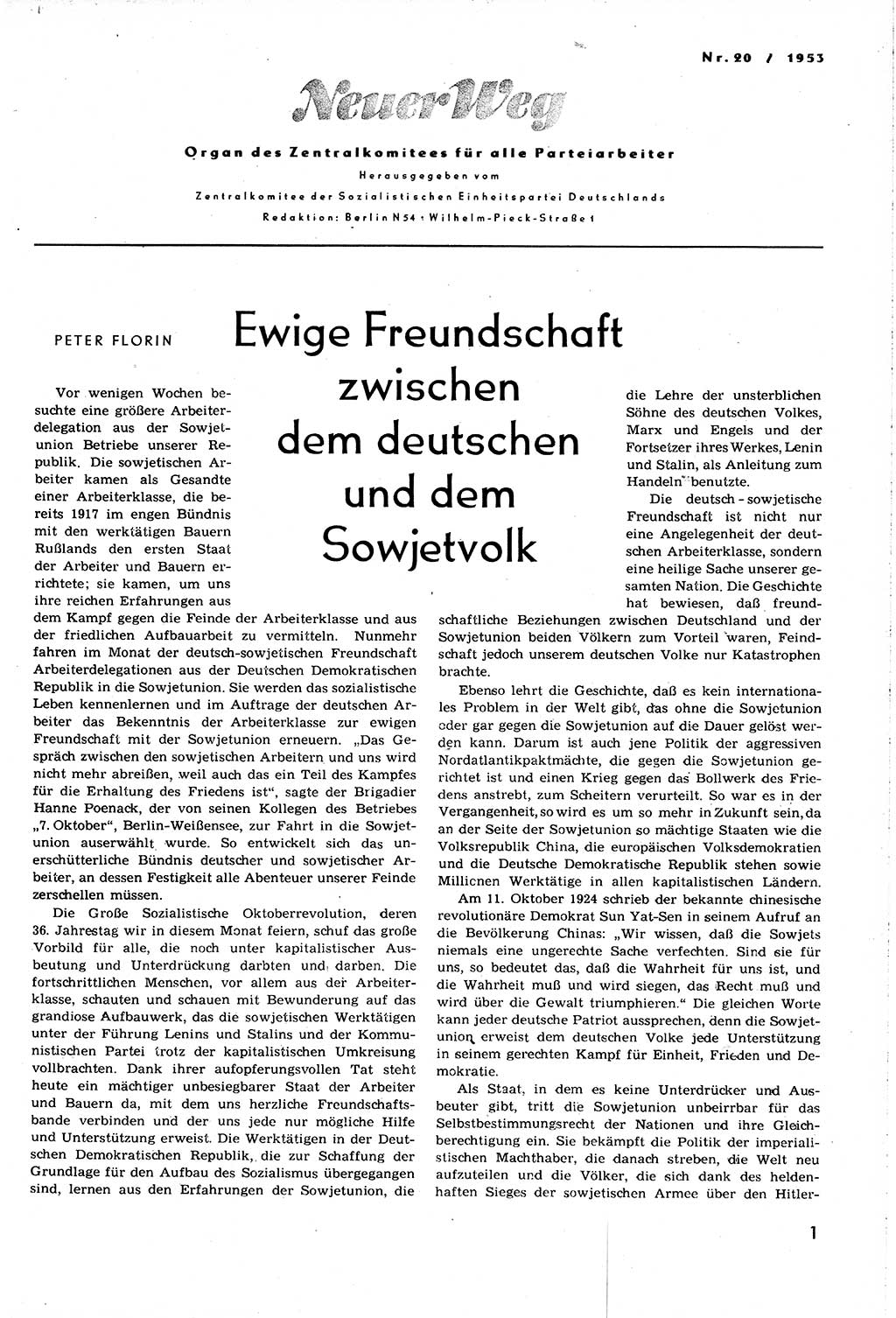 Neuer Weg (NW), Organ des Zentralkomitees (ZK) [Sozialistische Einheitspartei Deutschlands (SED)] für alle Parteiarbeiter, 8. Jahrgang [Deutsche Demokratische Republik (DDR)] 1953, Heft 20/1 (NW ZK SED DDR 1953, H. 20/1)