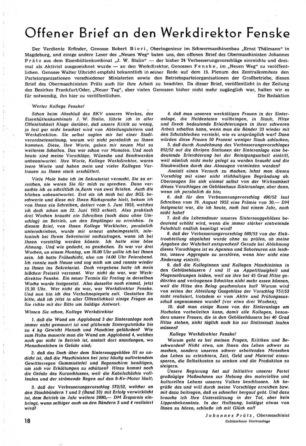 Neuer Weg (NW), Organ des Zentralkomitees (ZK) [Sozialistische Einheitspartei Deutschlands (SED)] für alle Parteiarbeiter, 8. Jahrgang [Deutsche Demokratische Republik (DDR)] 1953, Heft 20/18 (NW ZK SED DDR 1953, H. 20/18)