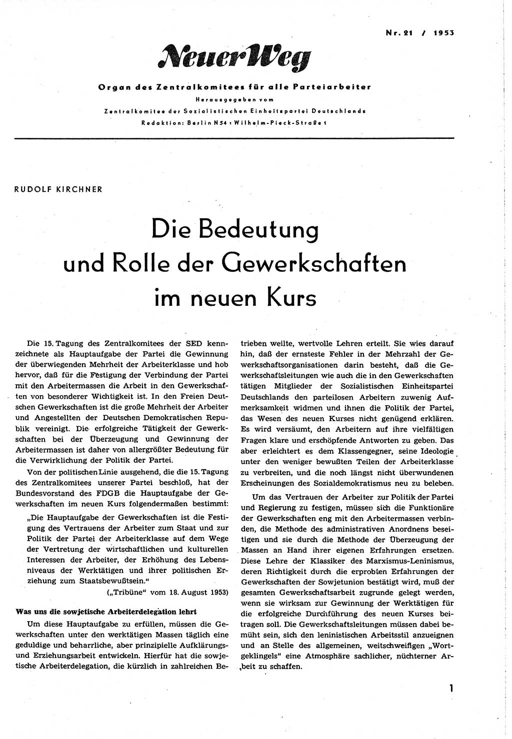 Neuer Weg (NW), Organ des Zentralkomitees (ZK) [Sozialistische Einheitspartei Deutschlands (SED)] für alle Parteiarbeiter, 8. Jahrgang [Deutsche Demokratische Republik (DDR)] 1953, Heft 21/1 (NW ZK SED DDR 1953, H. 21/1)