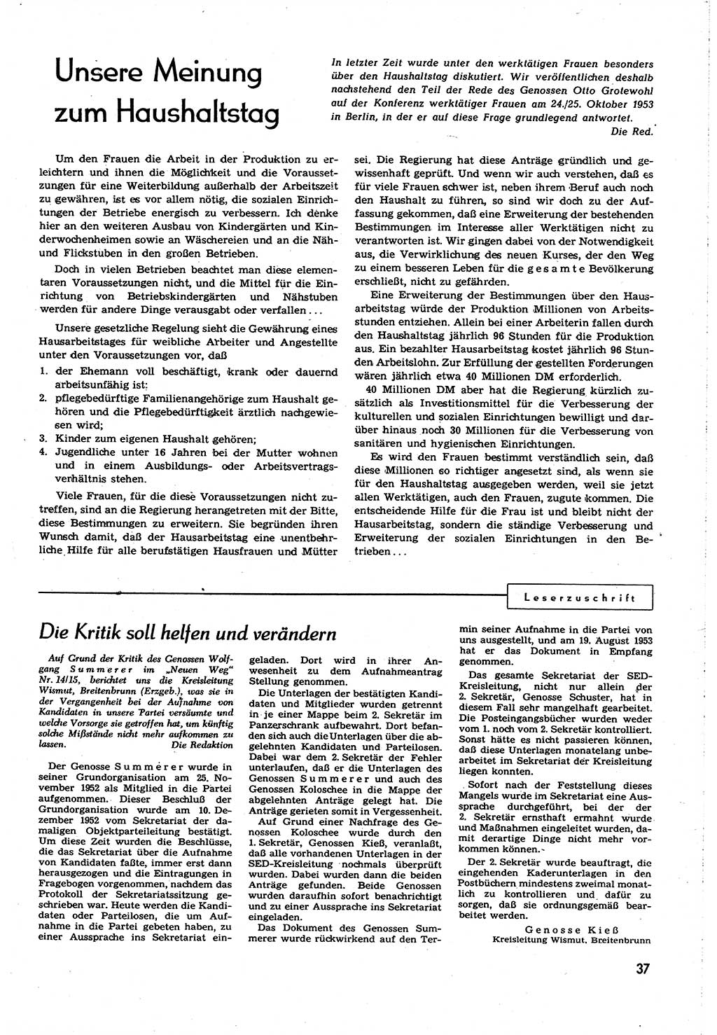 Neuer Weg (NW), Organ des Zentralkomitees (ZK) [Sozialistische Einheitspartei Deutschlands (SED)] für alle Parteiarbeiter, 8. Jahrgang [Deutsche Demokratische Republik (DDR)] 1953, Heft 21/37 (NW ZK SED DDR 1953, H. 21/37)