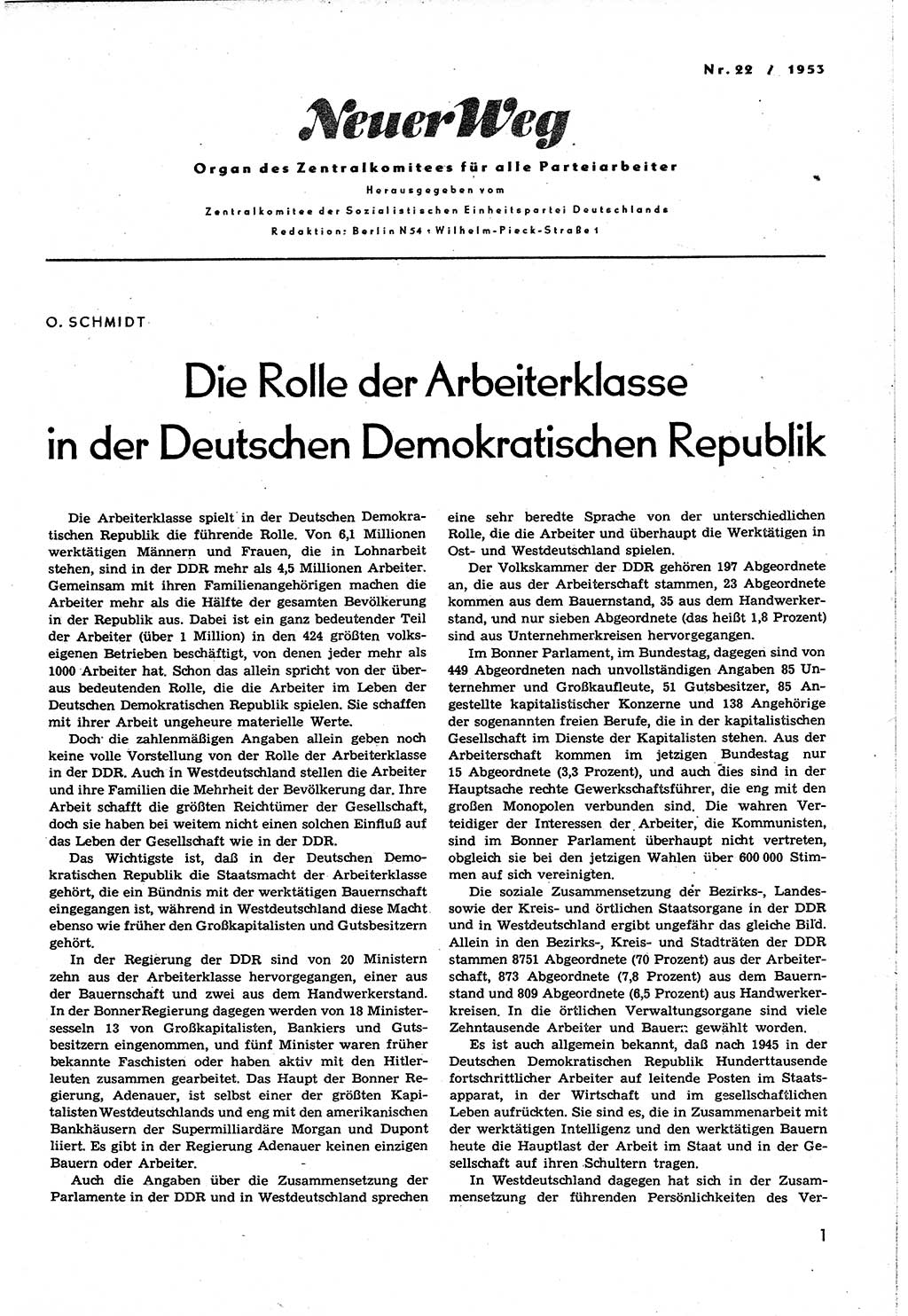 Neuer Weg (NW), Organ des Zentralkomitees (ZK) [Sozialistische Einheitspartei Deutschlands (SED)] für alle Parteiarbeiter, 8. Jahrgang [Deutsche Demokratische Republik (DDR)] 1953, Heft 22/1 (NW ZK SED DDR 1953, H. 22/1)