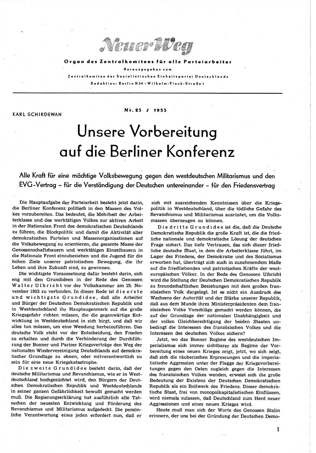Neuer Weg (NW), Organ des Zentralkomitees (ZK) [Sozialistische Einheitspartei Deutschlands (SED)] fÃ¼r alle Parteiarbeiter, 8. Jahrgang [Deutsche Demokratische Republik (DDR)] 1953, Heft 23/1 (NW ZK SED DDR 1953, H. 23/1)