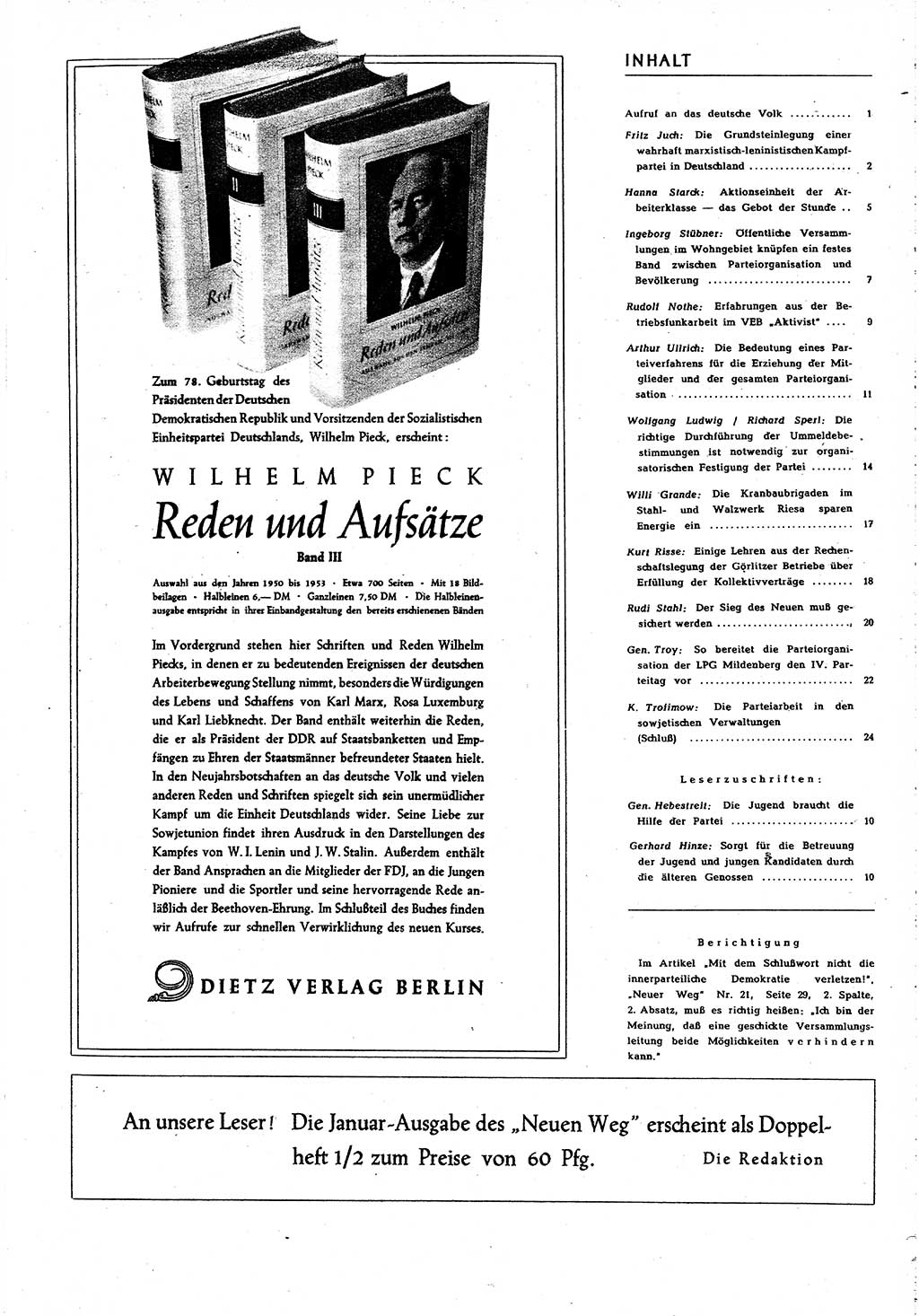 Neuer Weg (NW), Organ des Zentralkomitees (ZK) [Sozialistische Einheitspartei Deutschlands (SED)] für alle Parteiarbeiter, 8. Jahrgang [Deutsche Demokratische Republik (DDR)] 1953, Heft 24/29 (NW ZK SED DDR 1953, H. 24/29)