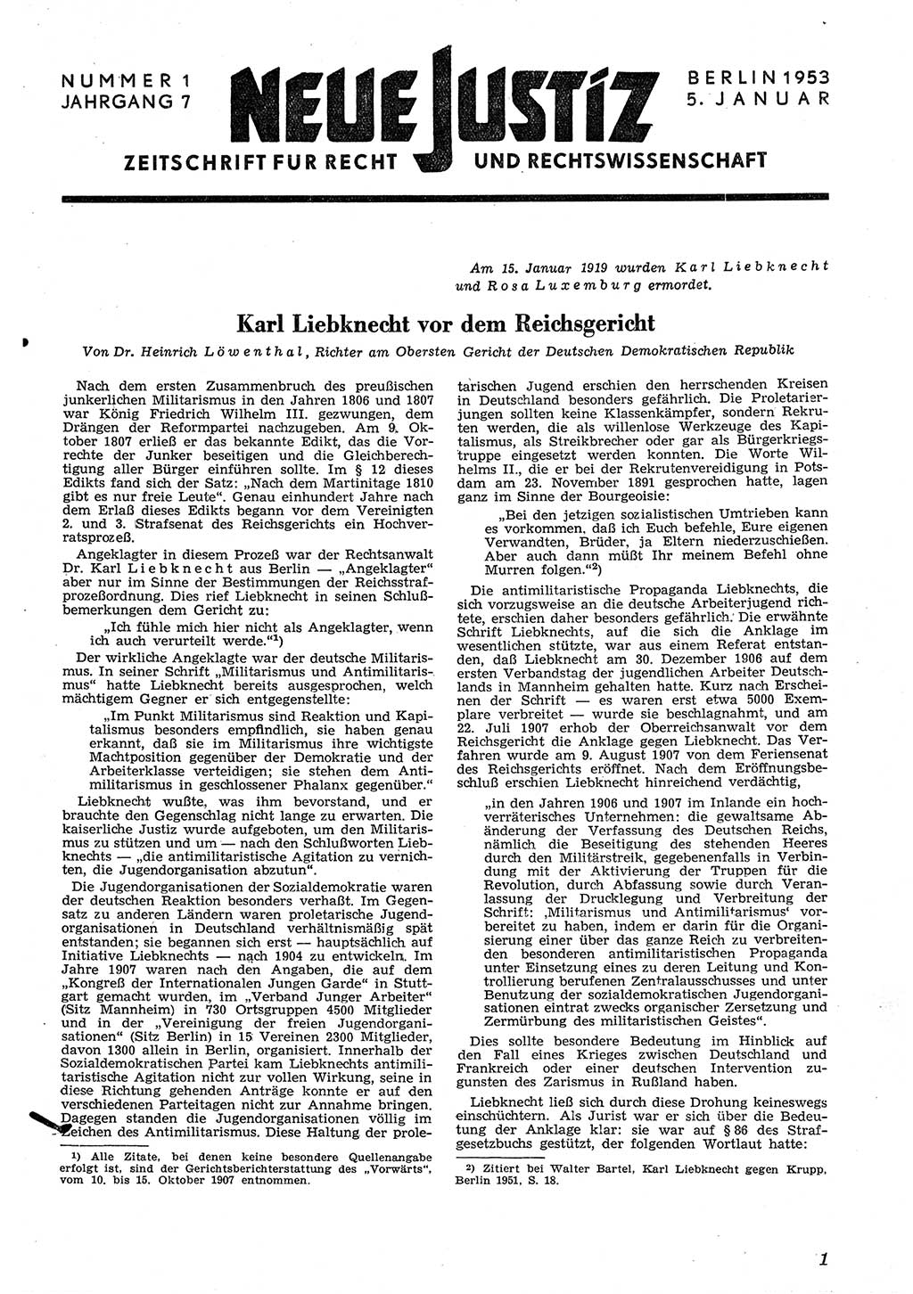 Neue Justiz (NJ), Zeitschrift für Recht und Rechtswissenschaft [Deutsche Demokratische Republik (DDR)], 7. Jahrgang 1953, Seite 1 (NJ DDR 1953, S. 1)